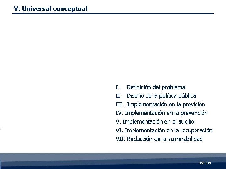 V. Universal conceptual I. Definición del problema II. Diseño de la política pública III.