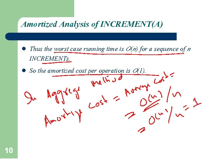Amortized Analysis of INCREMENT(A) l l 10 Thus the worst case running time is