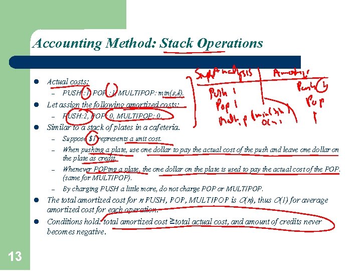 Accounting Method: Stack Operations l Actual costs: – l Let assign the following amortized