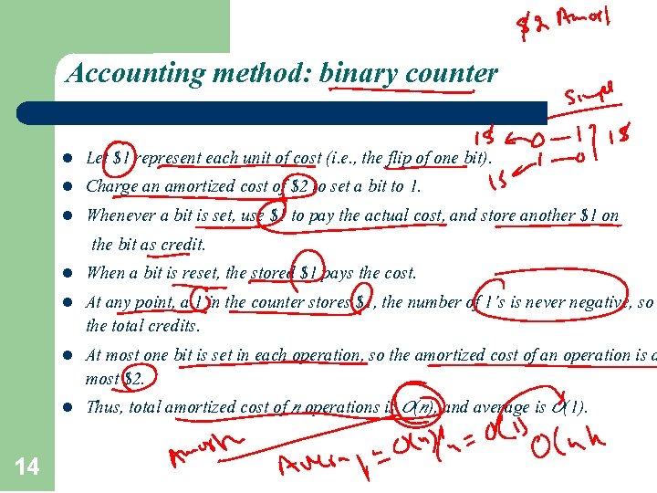 Accounting method: binary counter l l l l 14 Let $1 represent each unit