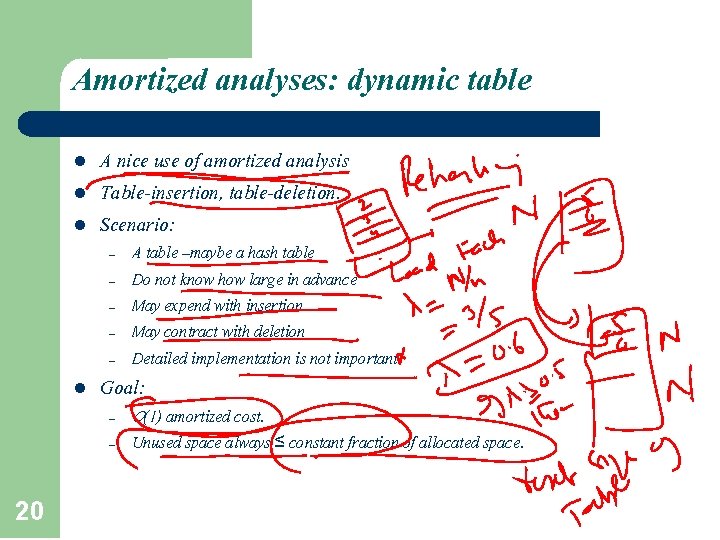Amortized analyses: dynamic table l l l A nice use of amortized analysis Table-insertion,