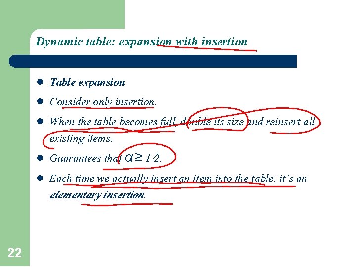 Dynamic table: expansion with insertion l l l 22 Table expansion Consider only insertion.