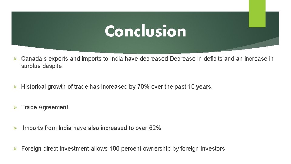 Conclusion Ø Canada’s exports and imports to India have decreased Decrease in deficits and
