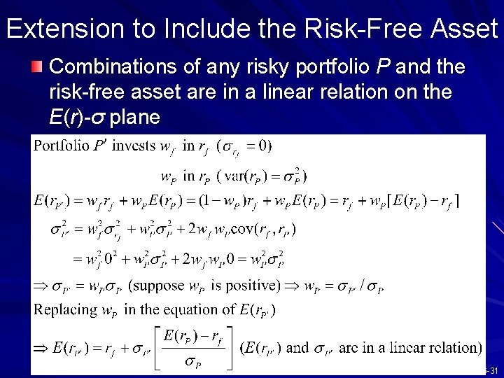 Extension to Include the Risk-Free Asset Combinations of any risky portfolio P and the