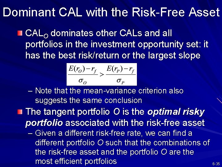 Dominant CAL with the Risk-Free Asset CALO dominates other CALs and all portfolios in