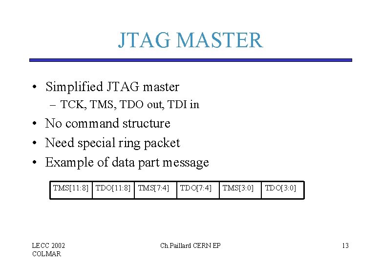 JTAG MASTER • Simplified JTAG master – TCK, TMS, TDO out, TDI in • JTAG MASTER • Simplified JTAG master – TCK, TMS, TDO out, TDI in •