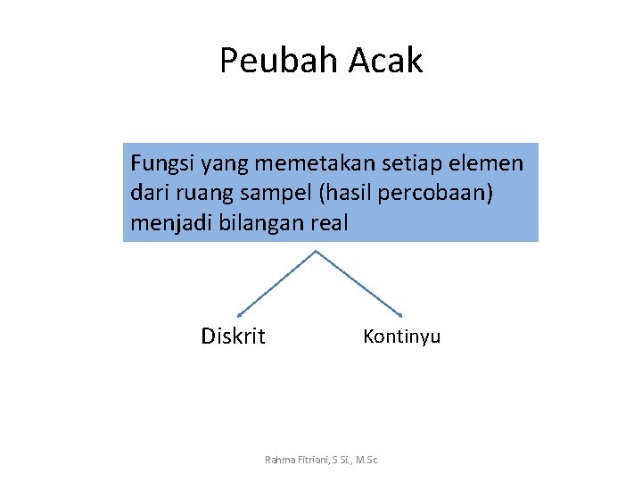 Peubah Acak Fungsi yang memetakan setiap elemen dari ruang sampel (hasil percobaan) menjadi bilangan