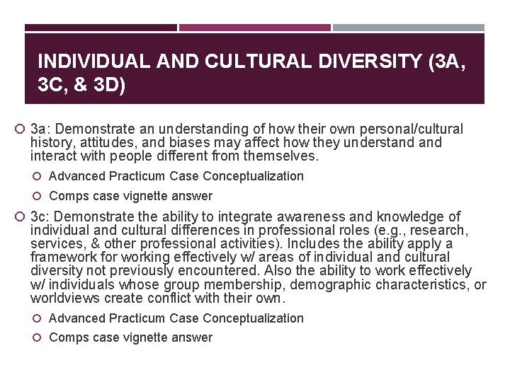 INDIVIDUAL AND CULTURAL DIVERSITY (3 A, 3 C, & 3 D) 3 a: Demonstrate INDIVIDUAL AND CULTURAL DIVERSITY (3 A, 3 C, & 3 D) 3 a: Demonstrate