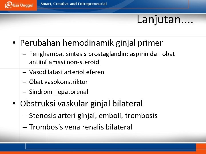 Lanjutan. . • Perubahan hemodinamik ginjal primer – Penghambat sintesis prostaglandin: aspirin dan obat