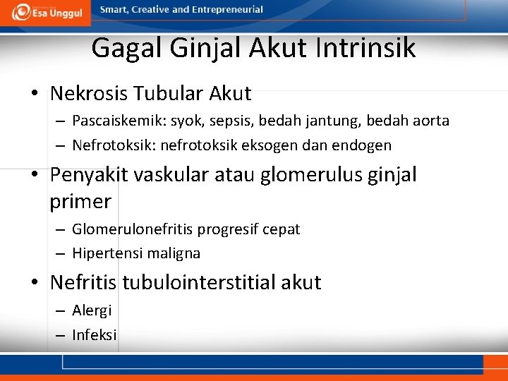 Gagal Ginjal Akut Intrinsik • Nekrosis Tubular Akut – Pascaiskemik: syok, sepsis, bedah jantung,