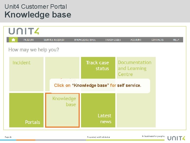 Unit 4 Customer Portal Knowledge base Click on “Knowledge base” for self service. Page