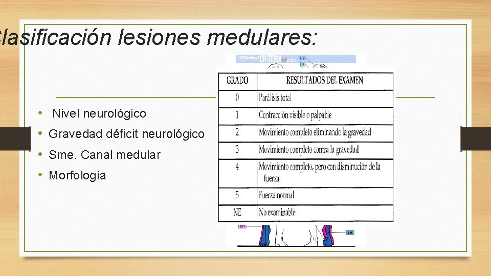 Clasificación lesiones medulares: • • Nivel neurológico Gravedad déficit neurológico Sme. Canal medular Morfología Clasificación lesiones medulares: • • Nivel neurológico Gravedad déficit neurológico Sme. Canal medular Morfología