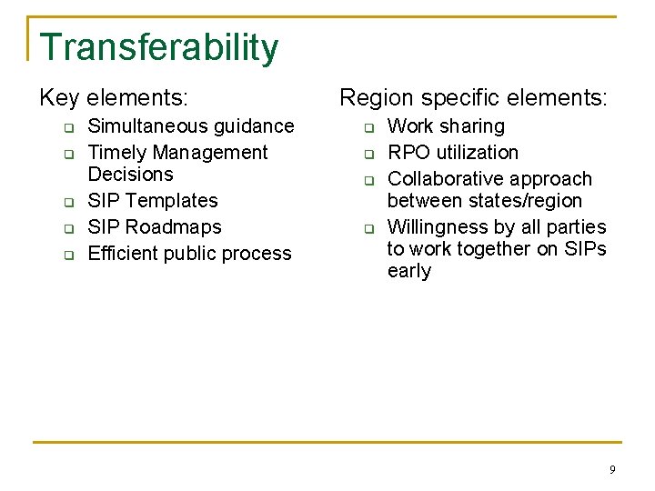 Transferability Key elements: q q q Simultaneous guidance Timely Management Decisions SIP Templates SIP