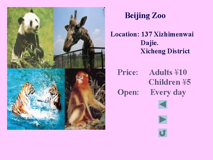 Beijing Zoo Location: 137 Xizhimenwai Dajie. Xicheng District Price: Open: Adults ¥ 10 Children