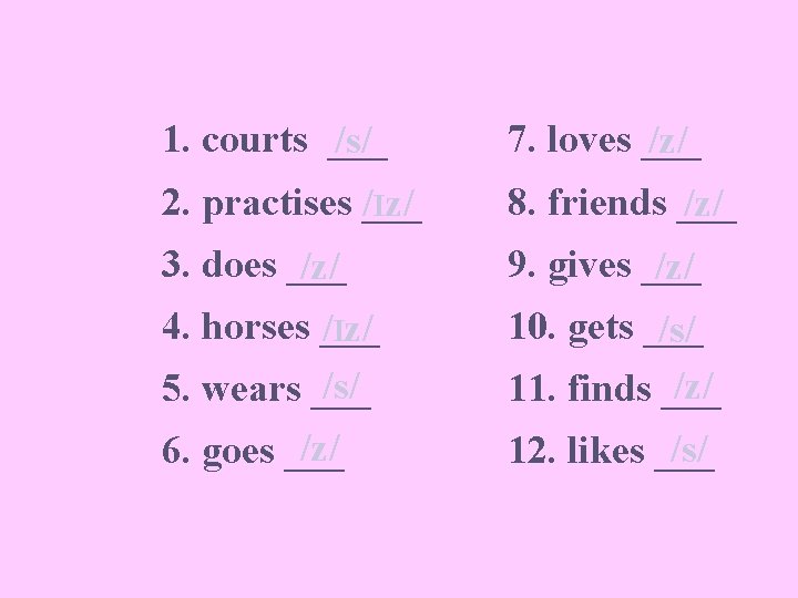 1. courts ___ /s/ 7. loves ___ /z/ 2. practises ___ /Iz/ 8. friends