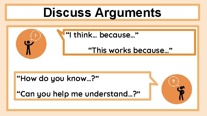 Discuss Arguments “I think… because…” “This works because…” “How do you know…? ” “Can Discuss Arguments “I think… because…” “This works because…” “How do you know…? ” “Can