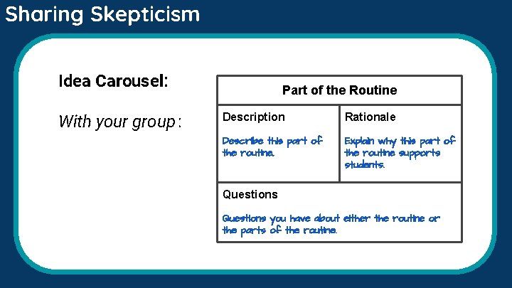 Sharing Skepticism Idea Carousel: With your group : Part of the Routine Description Rationale Sharing Skepticism Idea Carousel: With your group : Part of the Routine Description Rationale
