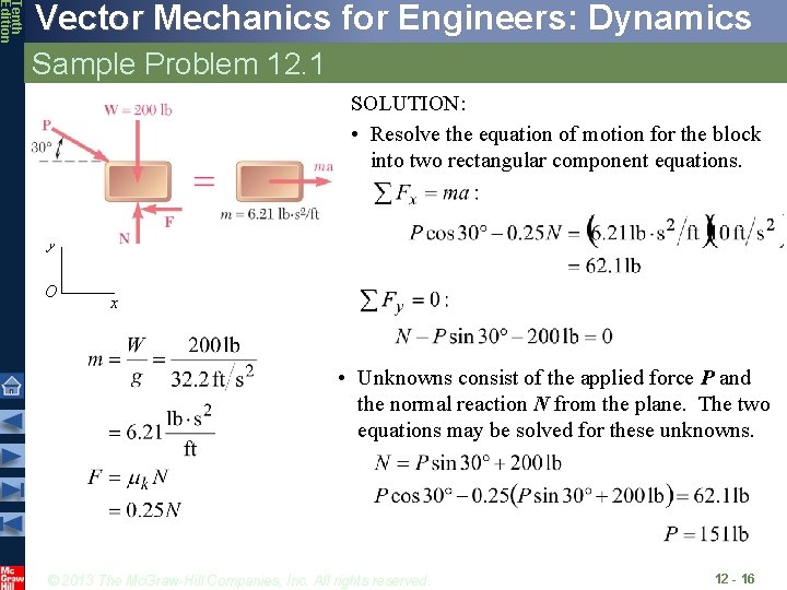 Tenth Edition Vector Mechanics for Engineers: Dynamics Sample Problem 12. 1 SOLUTION: • Resolve