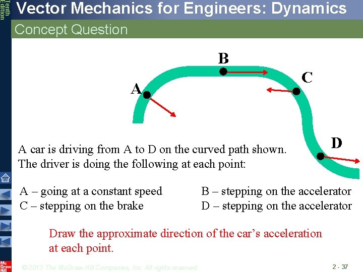 Tenth Edition Vector Mechanics for Engineers: Dynamics Concept Question B C A A car