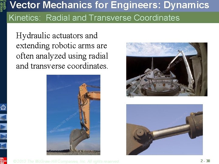 Tenth Edition Vector Mechanics for Engineers: Dynamics Kinetics: Radial and Transverse Coordinates Hydraulic actuators
