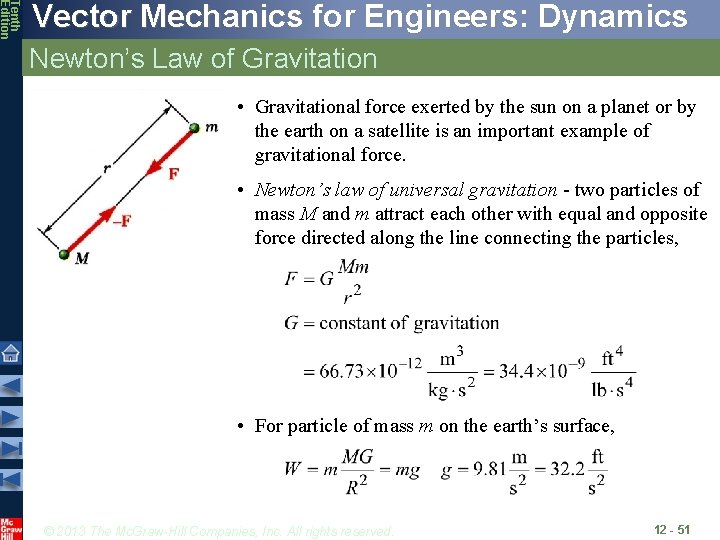 Tenth Edition Vector Mechanics for Engineers: Dynamics Newton’s Law of Gravitation • Gravitational force