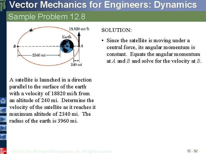 Tenth Edition Vector Mechanics for Engineers: Dynamics Sample Problem 12. 8 SOLUTION: • Since