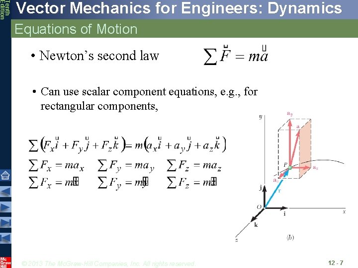 Tenth Edition Vector Mechanics for Engineers: Dynamics Equations of Motion • Newton’s second law