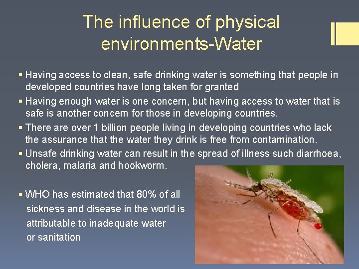 The influence of physical environments-Water § Having access to clean, safe drinking water is The influence of physical environments-Water § Having access to clean, safe drinking water is