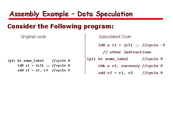 Assembly Example – Data Speculation Consider the Following program: Original code Speculated Code ld