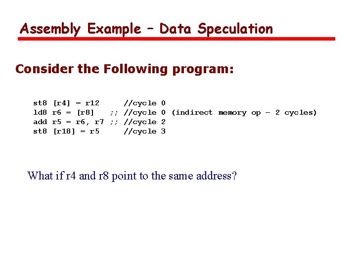 Assembly Example – Data Speculation Consider the Following program: st 8 ld 8 add