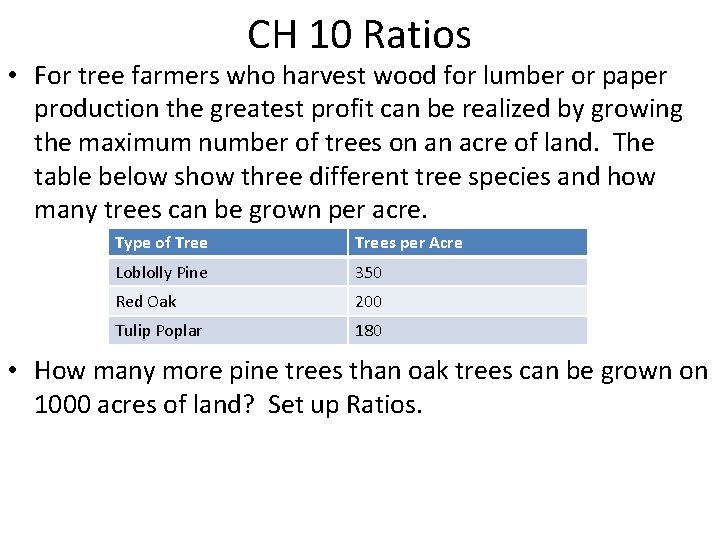 CH 10 Ratios • For tree farmers who harvest wood for lumber or paper