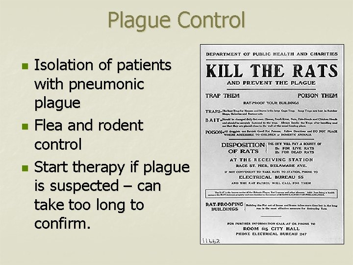 Plague Control n n n Isolation of patients with pneumonic plague Flea and rodent