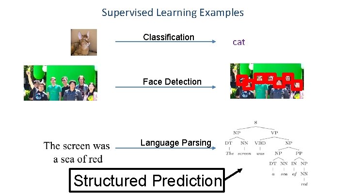 Supervised Learning Examples Classification Face Detection Language Parsing Structured Prediction cat 