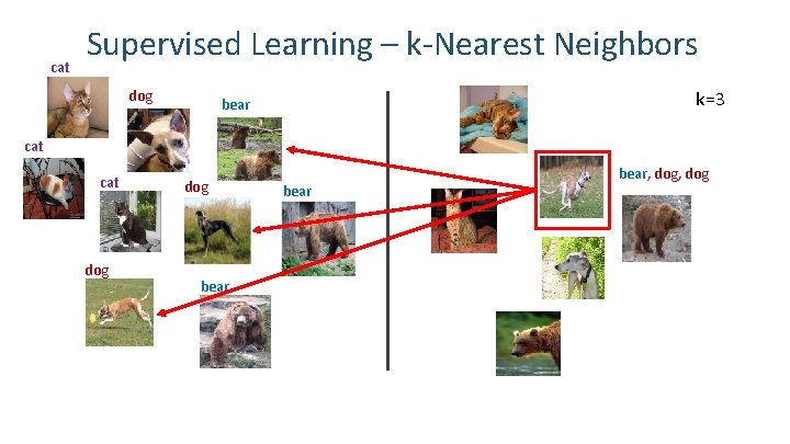 cat Supervised Learning – k-Nearest Neighbors dog k=3 bear cat dog bear, dog bear
