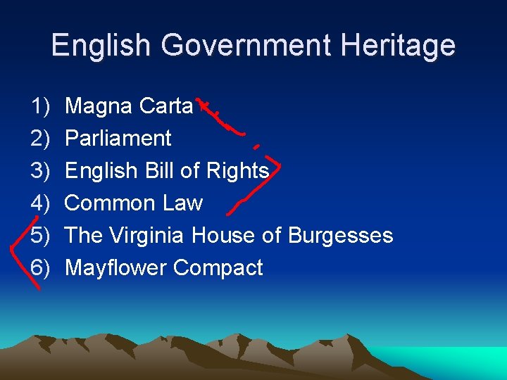 English Government Heritage 1) 2) 3) 4) 5) 6) Magna Carta Parliament English Bill