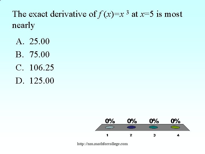 The exact derivative of f (x)=x 3 at x=5 is most nearly A. B.