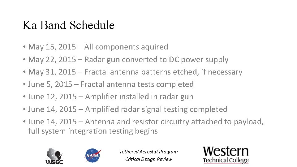 Ka Band Schedule • May 15, 2015 – All components aquired • May 22,