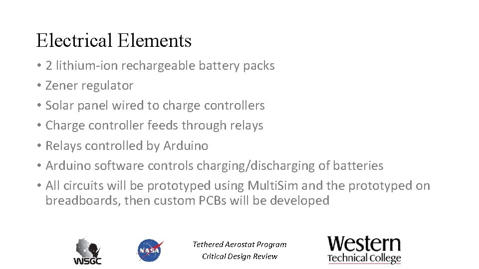 Electrical Elements • 2 lithium-ion rechargeable battery packs • Zener regulator • Solar panel