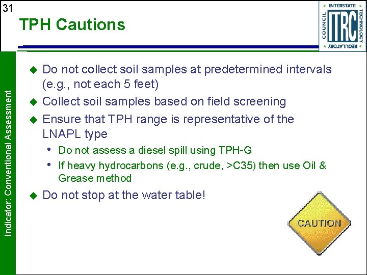 31 TPH Cautions Indicator: Conventional Assessment u u u Do not collect soil samples
