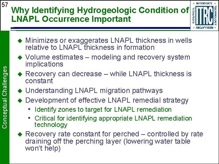 57 Why Identifying Hydrogeologic Condition of LNAPL Occurrence Important u Conceptual Challenges u u