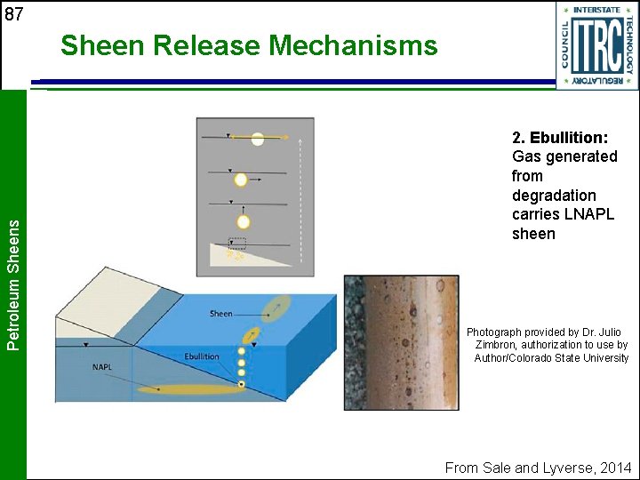 87 Petroleum Sheens Sheen Release Mechanisms 2. Ebullition: Gas generated from degradation carries LNAPL