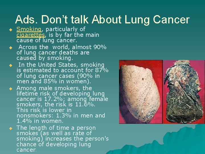 Ads. Don’t talk About Lung Cancer u u u Smoking, particularly of cigarettes, is