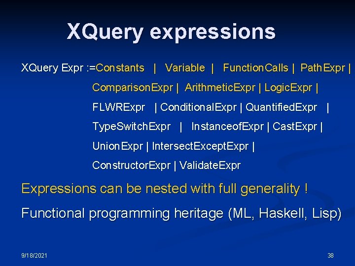XQuery expressions XQuery Expr : =Constants | Variable | Function. Calls | Path. Expr XQuery expressions XQuery Expr : =Constants | Variable | Function. Calls | Path. Expr