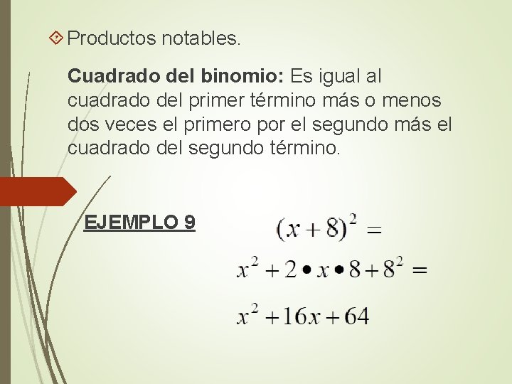  Productos notables. Cuadrado del binomio: Es igual al cuadrado del primer término más