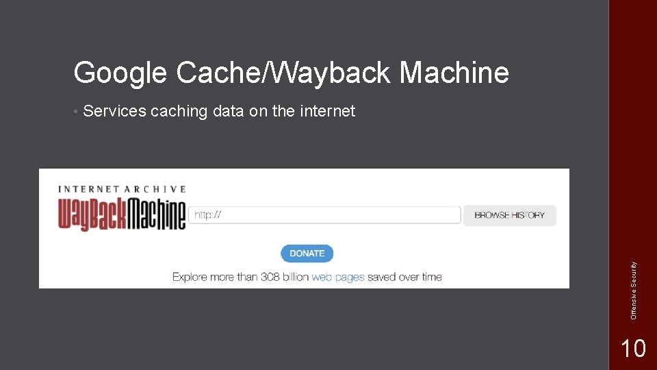 Google Cache/Wayback Machine Services caching data on the internet Offensive Security • 10 