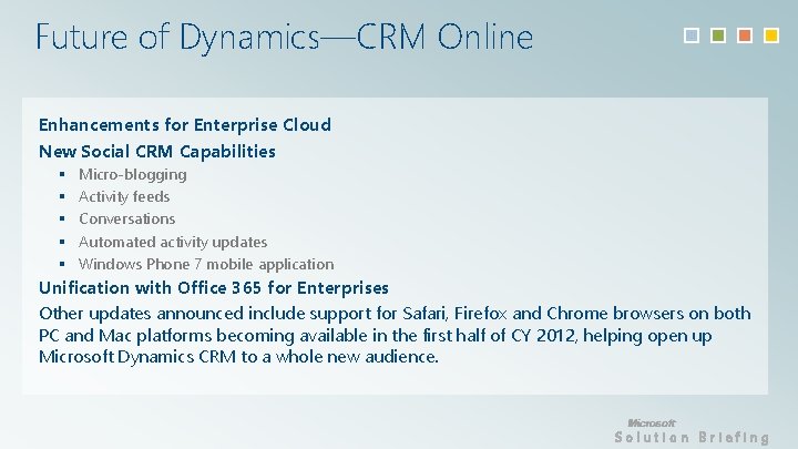 Future of Dynamics—CRM Online Enhancements for Enterprise Cloud New Social CRM Capabilities § §