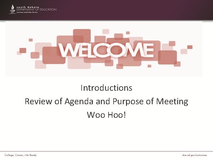 Introductions Review of Agenda and Purpose of Meeting Woo Hoo! 