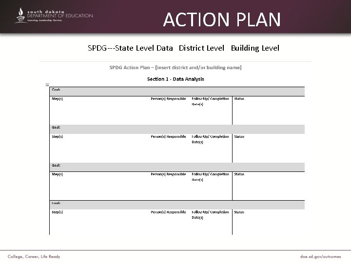ACTION PLAN SPDG---State Level Data District Level Building Level 