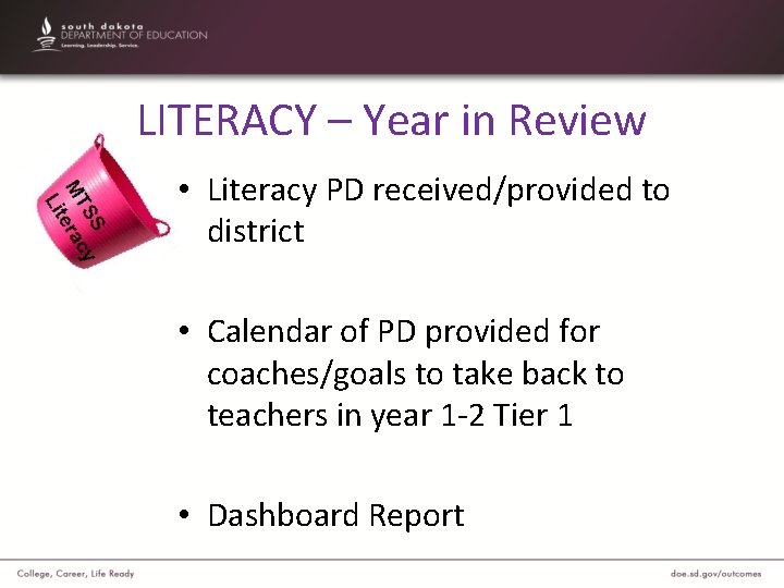 LITERACY – Year in Review • Literacy PD received/provided to district • Calendar of
