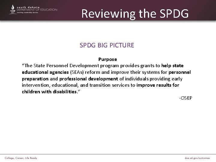 Reviewing the SPDG BIG PICTURE Purpose “The State Personnel Development program provides grants to